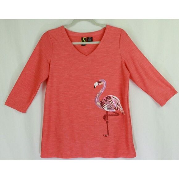 Sportelle Sequin Flamingo Top Ribbed V Neck 3/4 Sleeve Womens Small - Picture 1 of 5